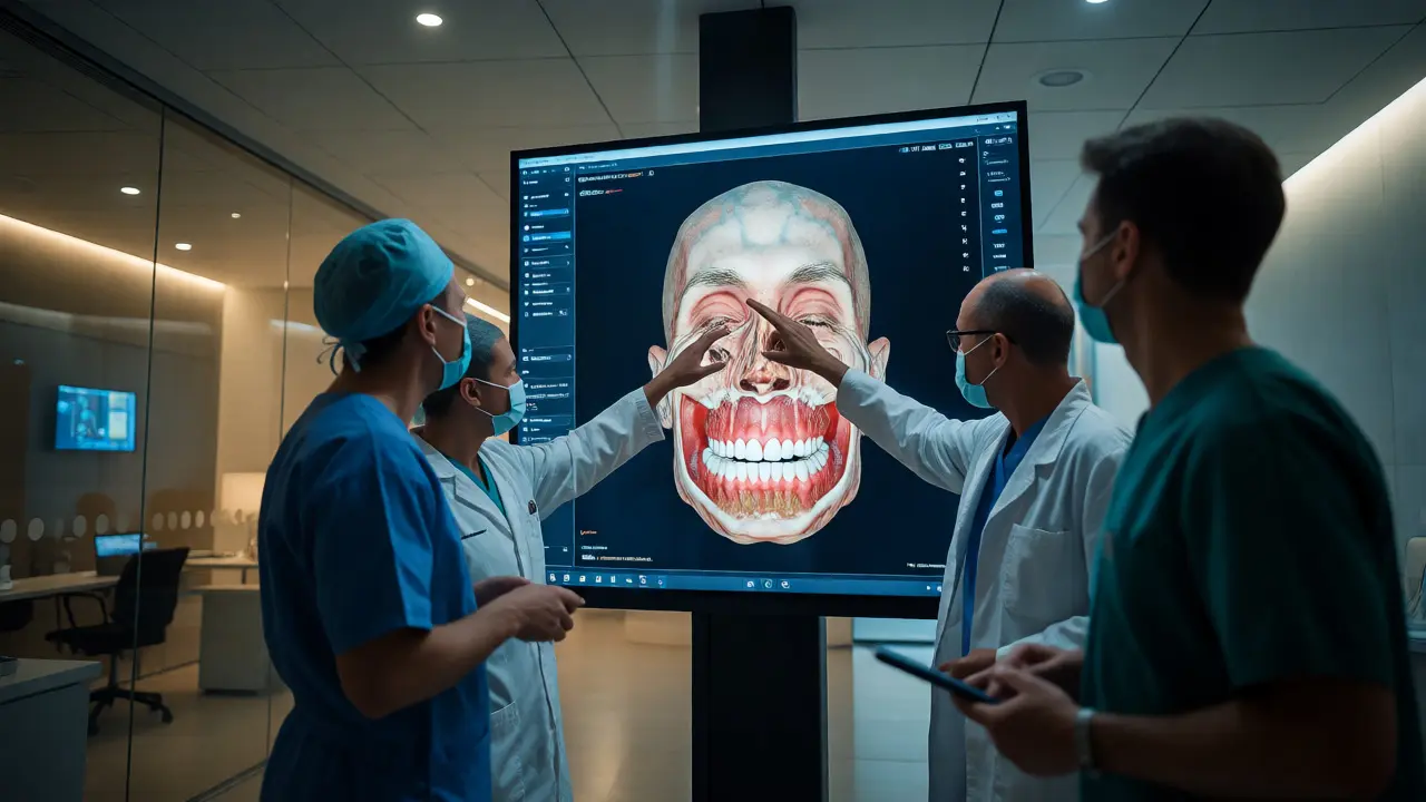 Lékařský tým analyzující 3D sken obličeje na digitálním displeji