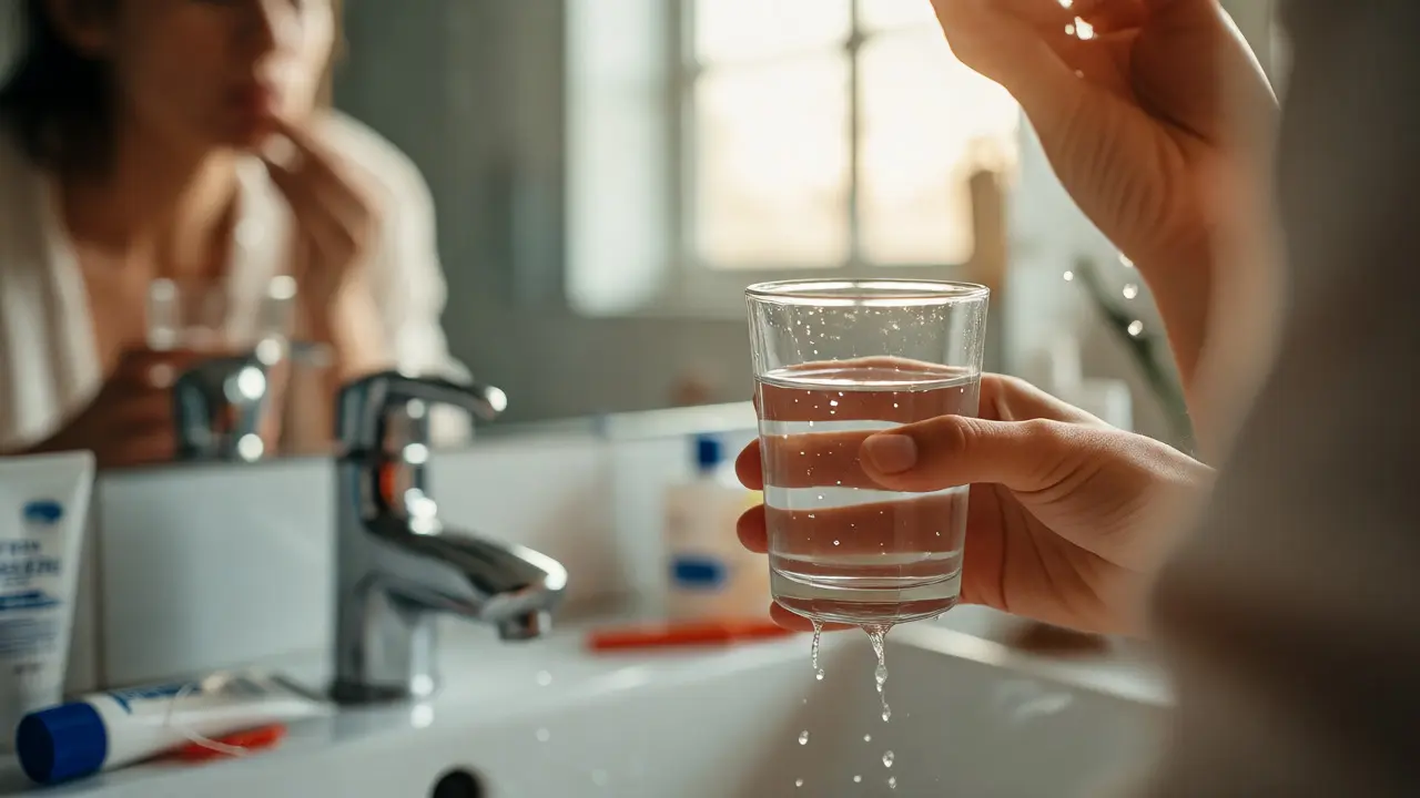 Osoba vyplachující ústa vodou jako součást preventivní péče o zdraví