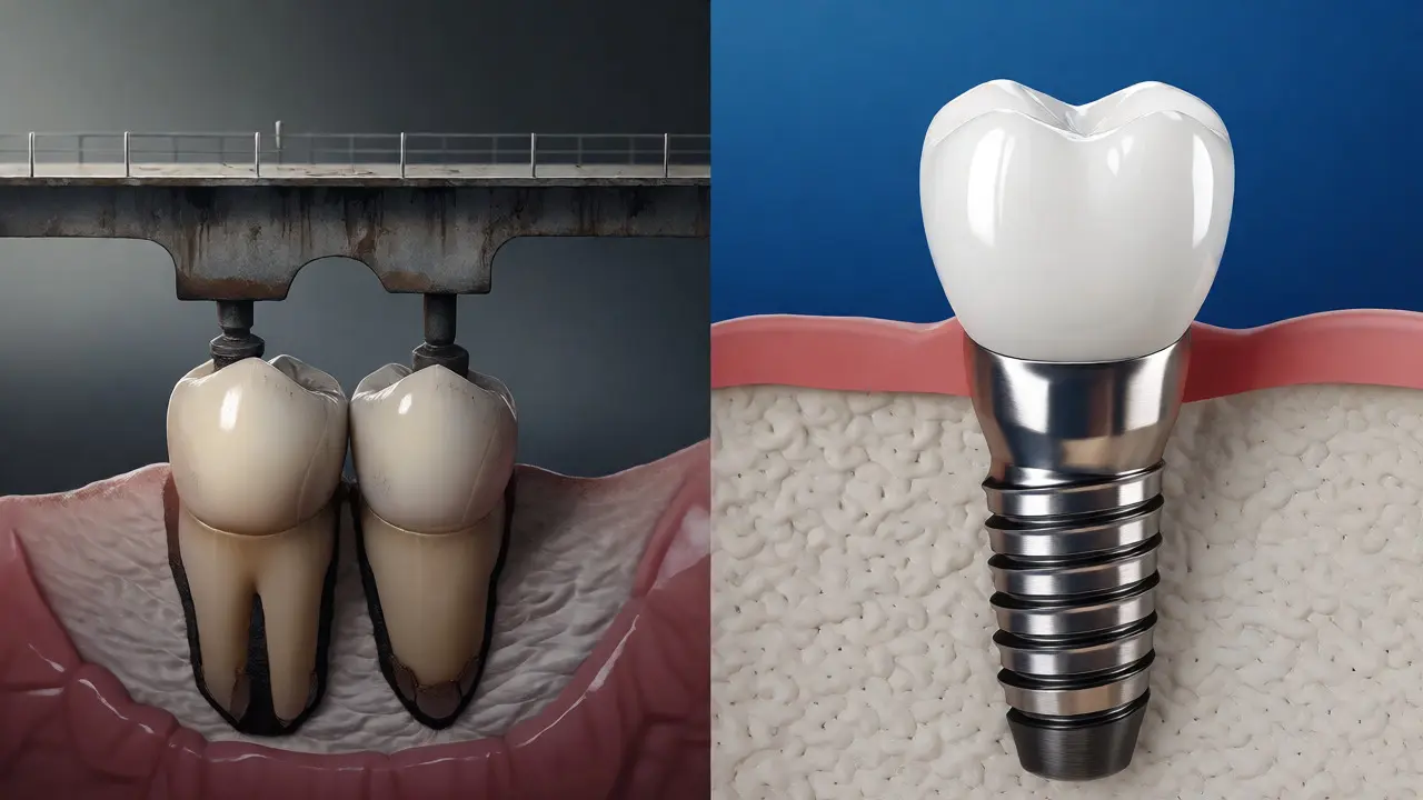 Porovnání křehkého můstku a stabilního zubního implantátu v kosti.