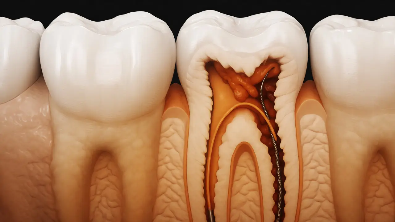 Řez zubem při endodontickém ošetření kanálků