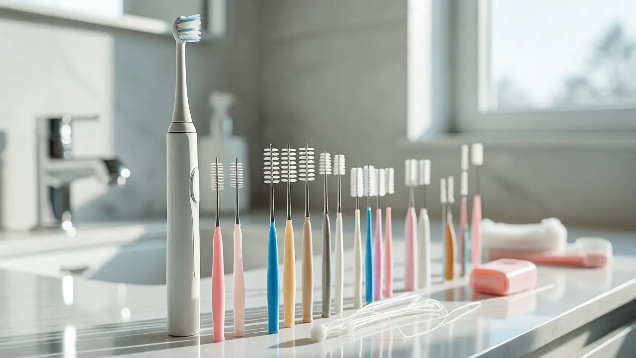 Sada nástrojů pro ústní hygienu včetně mezizubních kartáčků a elektrického kartáčku
