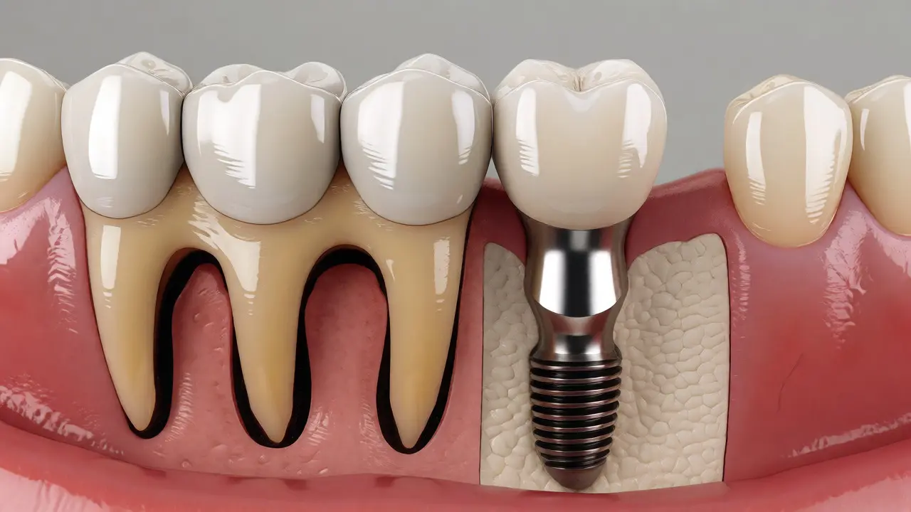Srovnání zubního implantátu s klasickým můstkem v řezu ústní dutinou