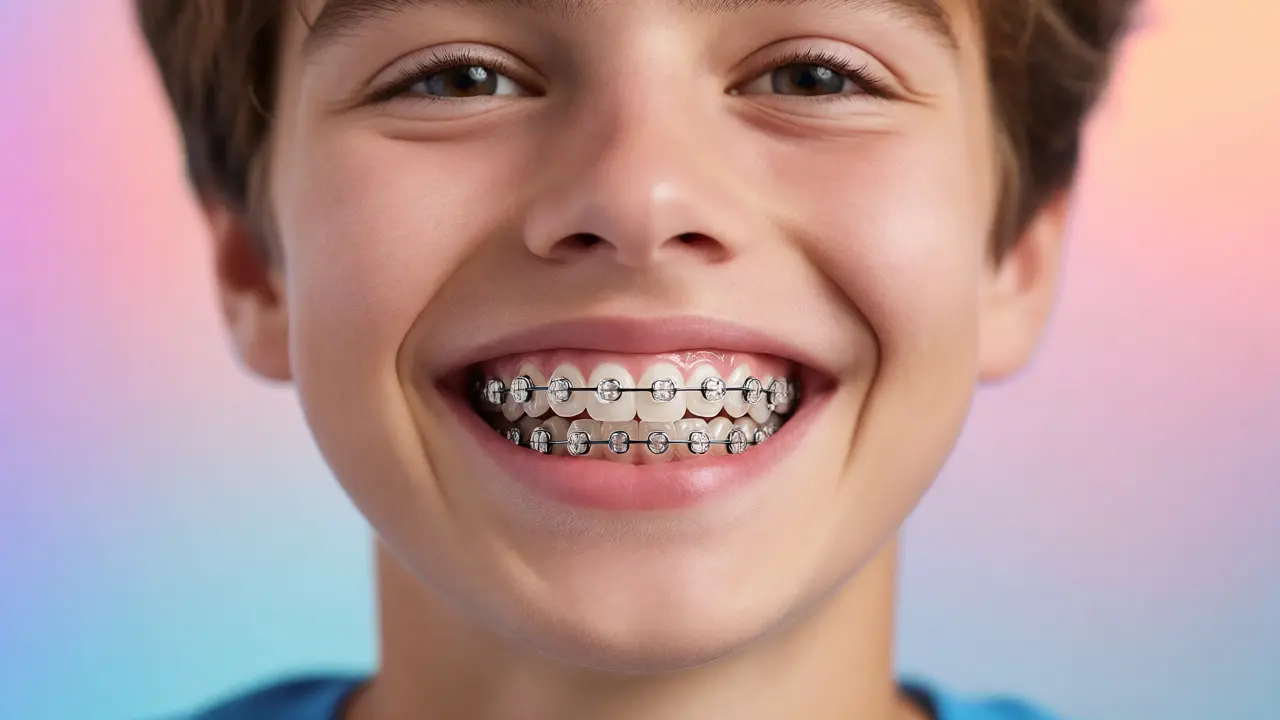 Teenager s keramickými rovnátky se sebevědomým úsměvem na čistém pozadí