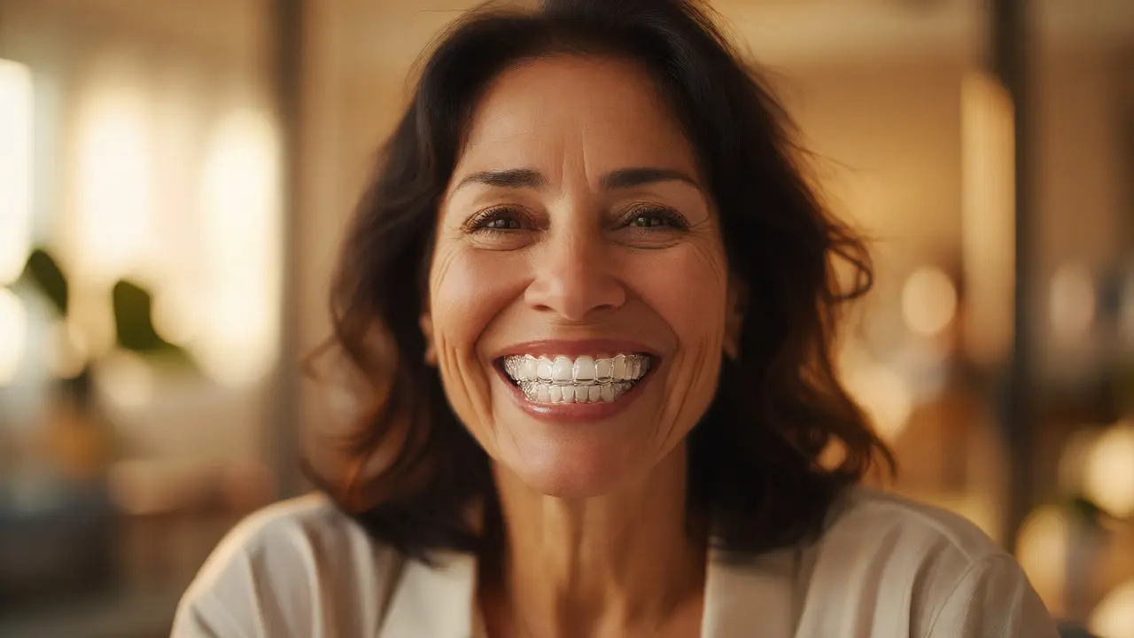Usměvavá dospělá žena nosící průhledná rovnátka Invisalign