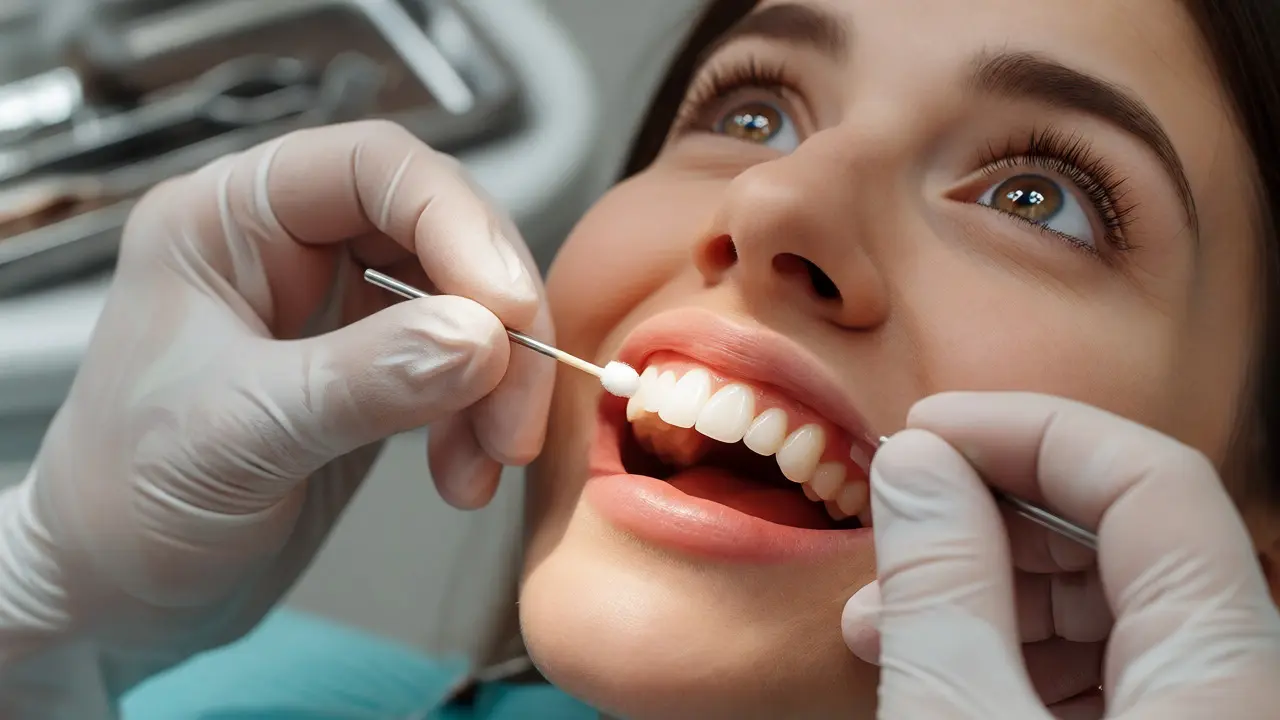 Zubní lékař provádí test citlivosti na předním zubu